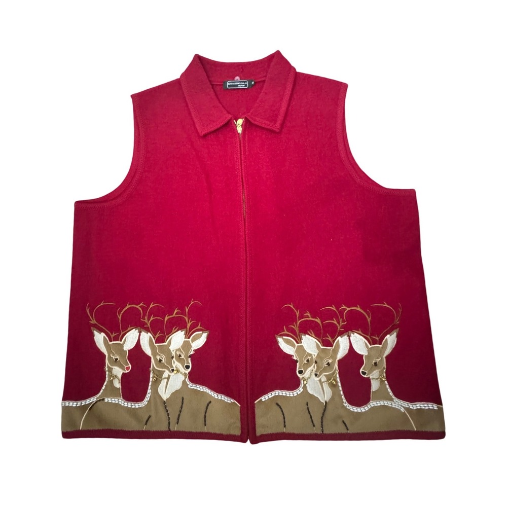 Lisa International Woman Red Boiled Wool Reindeer Vest Plus Size‎ 2X Holiday